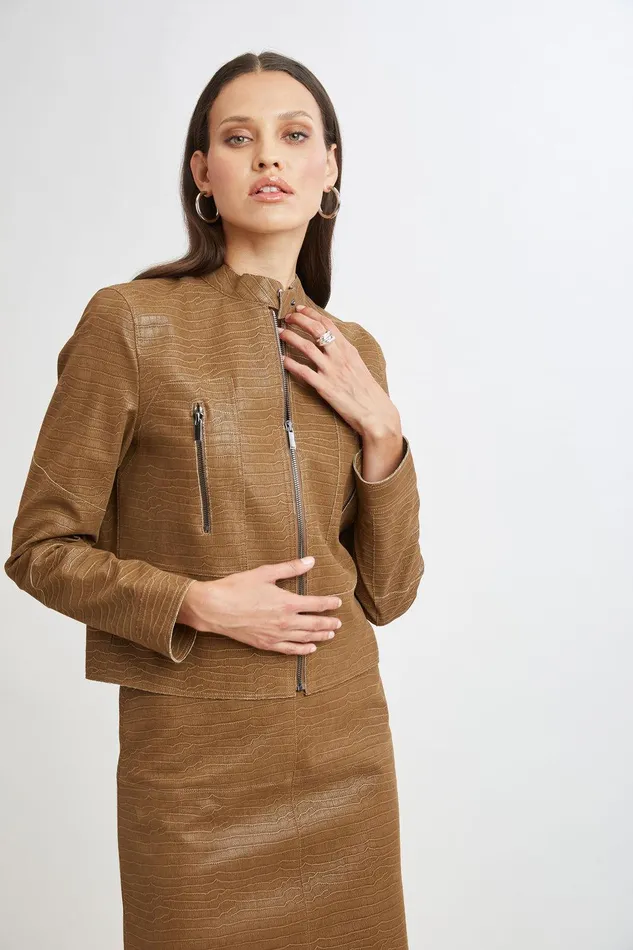 Elie Tahari Croco Embossed Vegan Leather Motto Jacket Caramel Women Jackets and Blazers