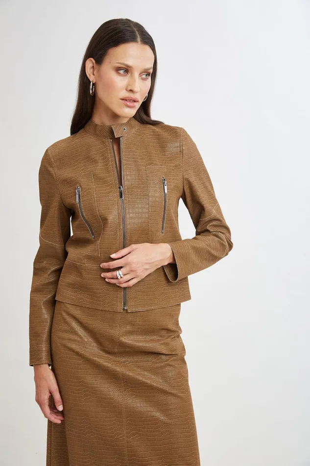 Elie Tahari Croco Embossed Vegan Leather Motto Jacket Caramel Women Jackets and Blazers