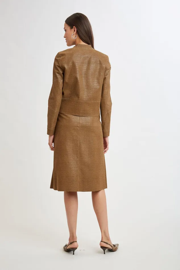Elie Tahari Croco Embossed Vegan Leather Motto Jacket Caramel Women Jackets and Blazers