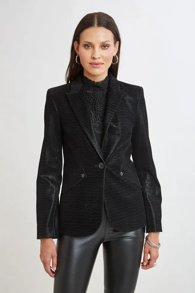 Elie Tahari Croco Embossed Vegan Leather Panel Blazer Black Women Jackets and Blazers Elie Tahari Croco Embossed Vegan Leather Panel Blazer Black Women Jackets and Blazers