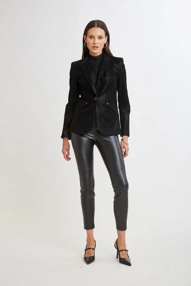 Elie Tahari Croco Embossed Vegan Leather Panel Blazer Black Women Jackets and Blazers