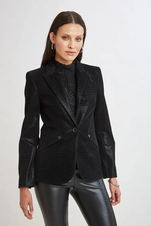 Elie Tahari Croco Embossed Vegan Leather Panel Blazer Black Women Jackets and Blazers