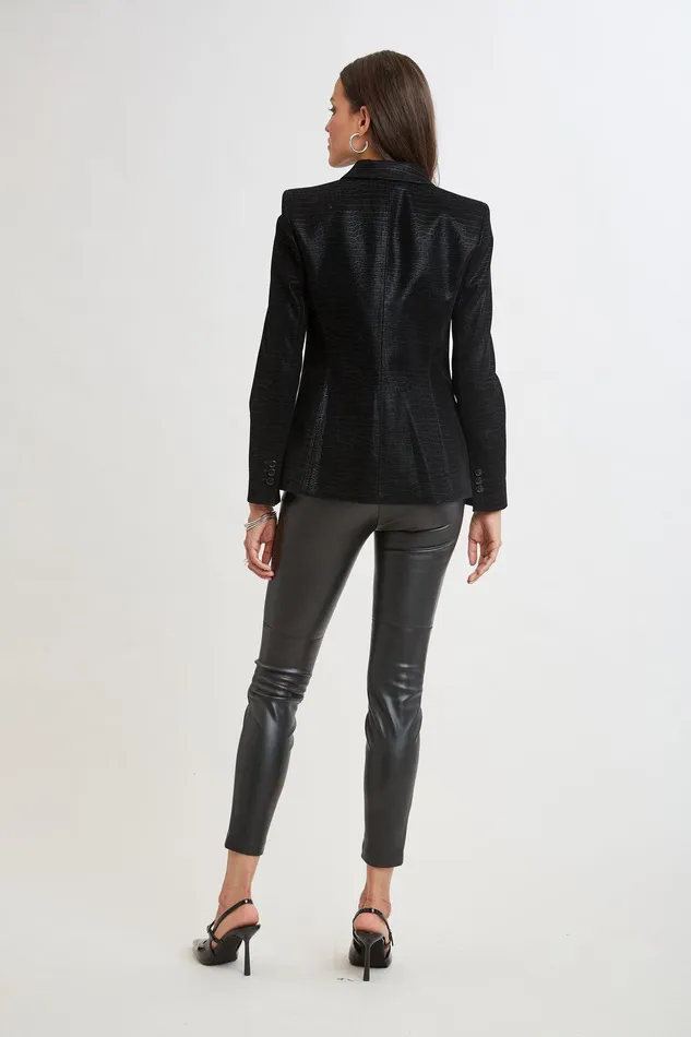 Elie Tahari Croco Embossed Vegan Leather Panel Blazer Black Women Jackets and Blazers