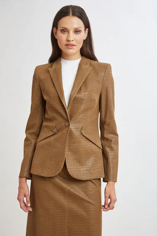 Elie Tahari Croco Embossed Vegan Leather Panel Blazer Caramel Women Jackets and Blazers Elie Tahari Croco Embossed Vegan Leather Panel Blazer Caramel Women Jackets and Blazers