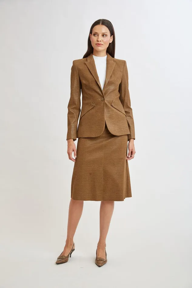Elie Tahari Croco Embossed Vegan Leather Panel Blazer Caramel Women Jackets and Blazers