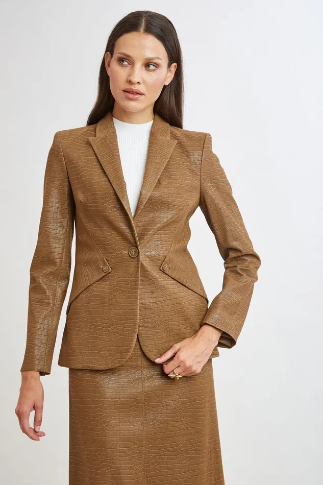 Elie Tahari Croco Embossed Vegan Leather Panel Blazer Caramel Women Jackets and Blazers
