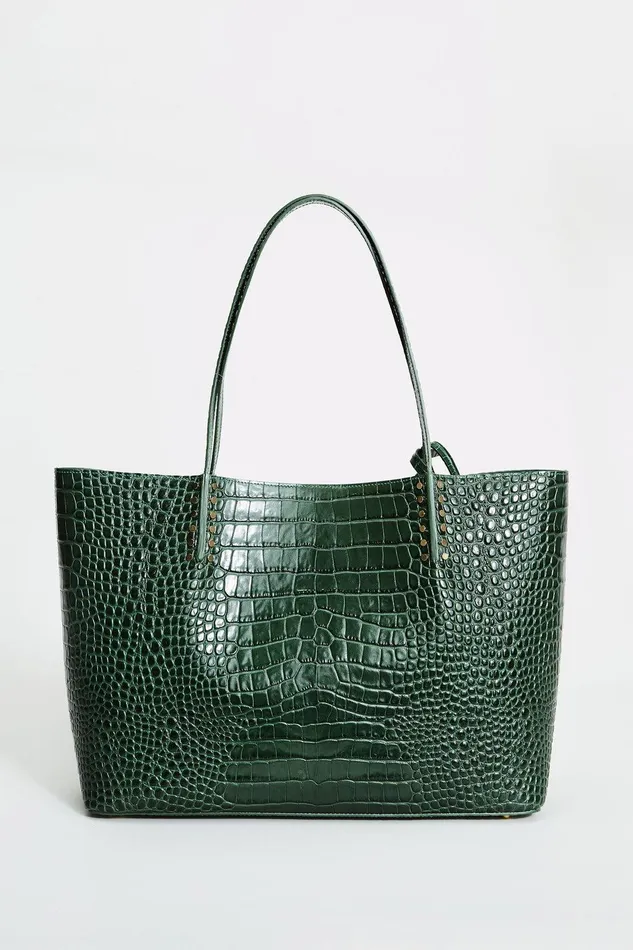 Elie Tahari Crocodile Embossed Leather Tote Bottle Green Women Handbags