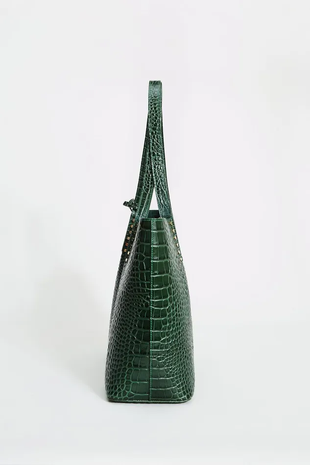 Elie Tahari Crocodile Embossed Leather Tote Bottle Green Women Handbags