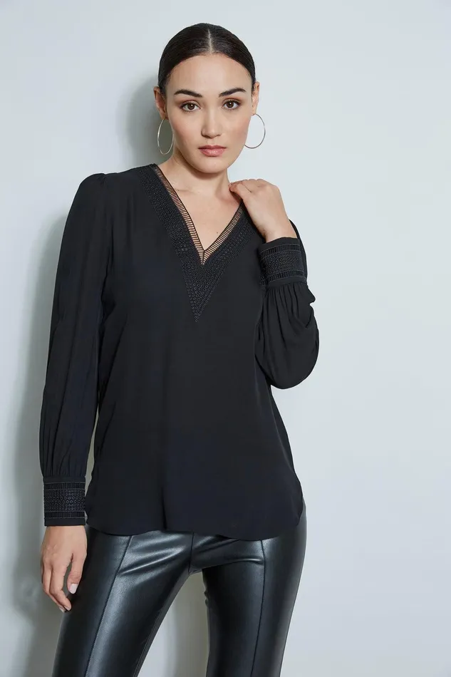 Elie Tahari Embroidered Silk Shirt Black Women Tops