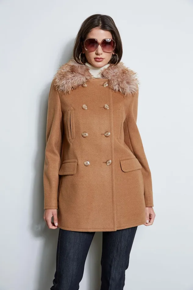 Elie Tahari Faux Fur Collar Peacoat Camel Women Coats
