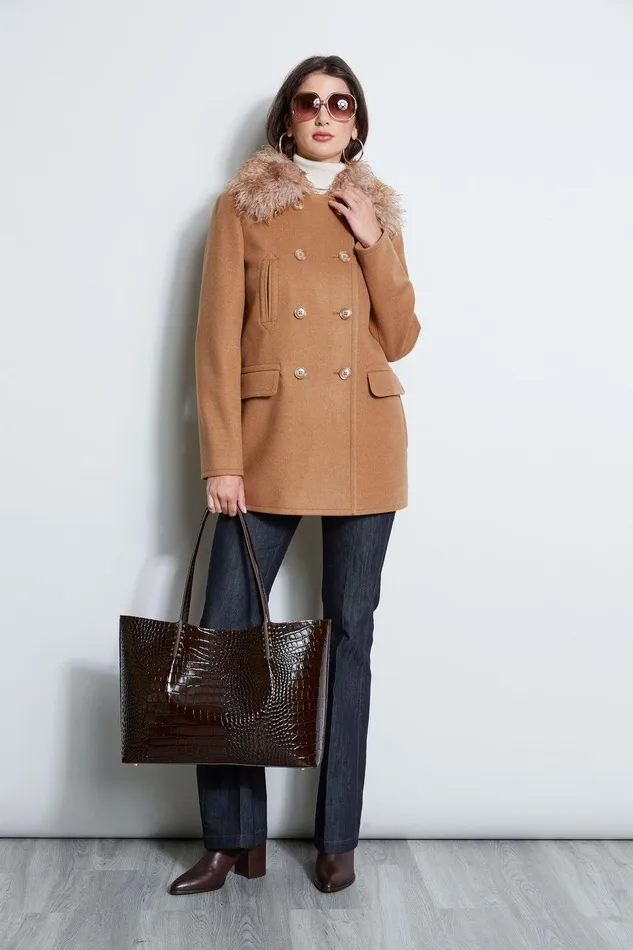 Elie Tahari Faux Fur Collar Peacoat Camel Women Coats
