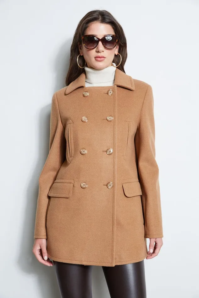 Elie Tahari Faux Fur Collar Peacoat Camel Women Coats
