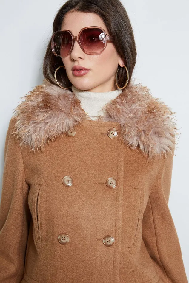 Elie Tahari Faux Fur Collar Peacoat Camel Women Coats
