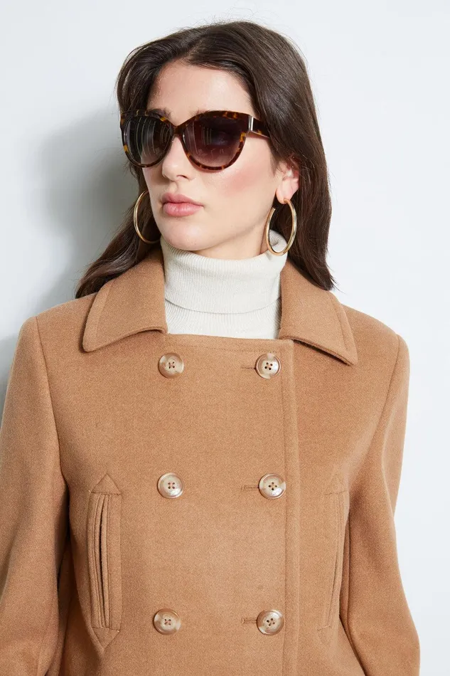 Elie Tahari Faux Fur Collar Peacoat Camel Women Coats