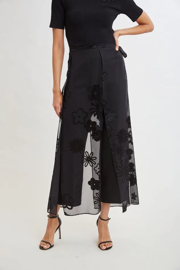 Elie Tahari Floral Satin Burnout Overlay Pant Black Women Bottoms