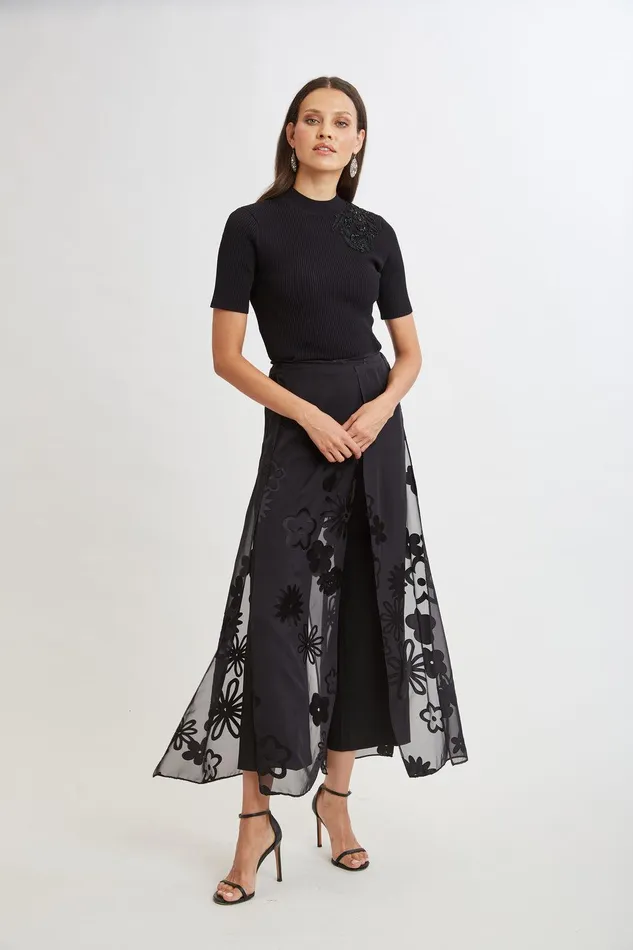 Elie Tahari Floral Satin Burnout Overlay Pant Black Women Bottoms