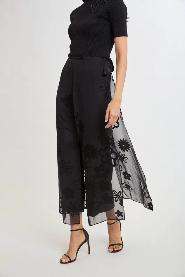 Elie Tahari Floral Satin Burnout Overlay Pant Black Women Bottoms