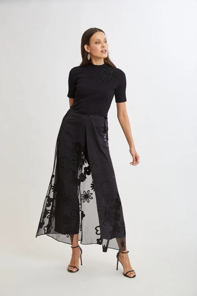 Elie Tahari Floral Satin Burnout Overlay Pant Black Women Bottoms