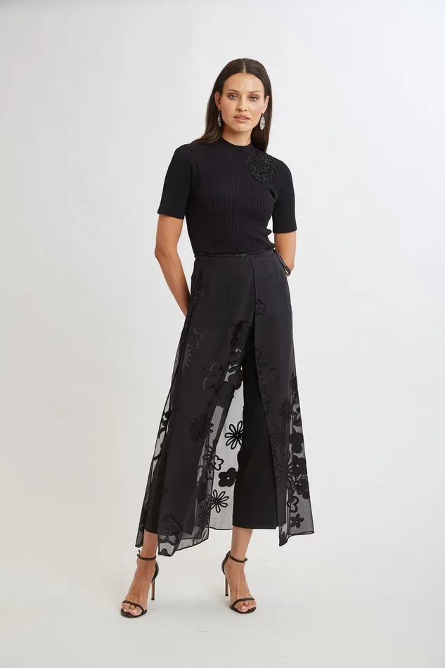 Elie Tahari Floral Satin Burnout Overlay Pant Black Women Bottoms