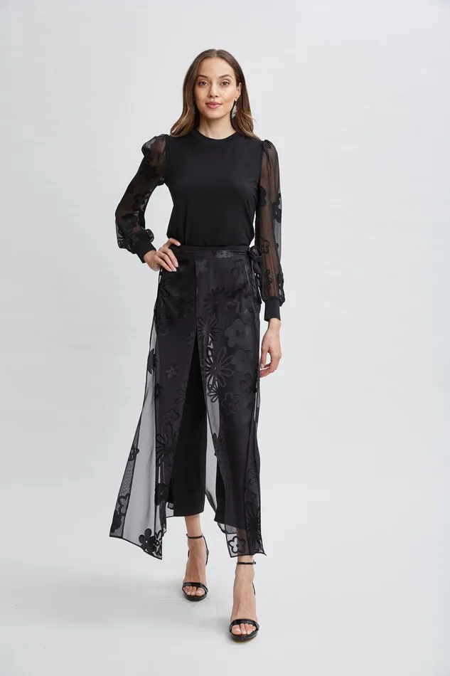 Elie Tahari Floral Satin Burnout Overlay Pant Black Women Bottoms