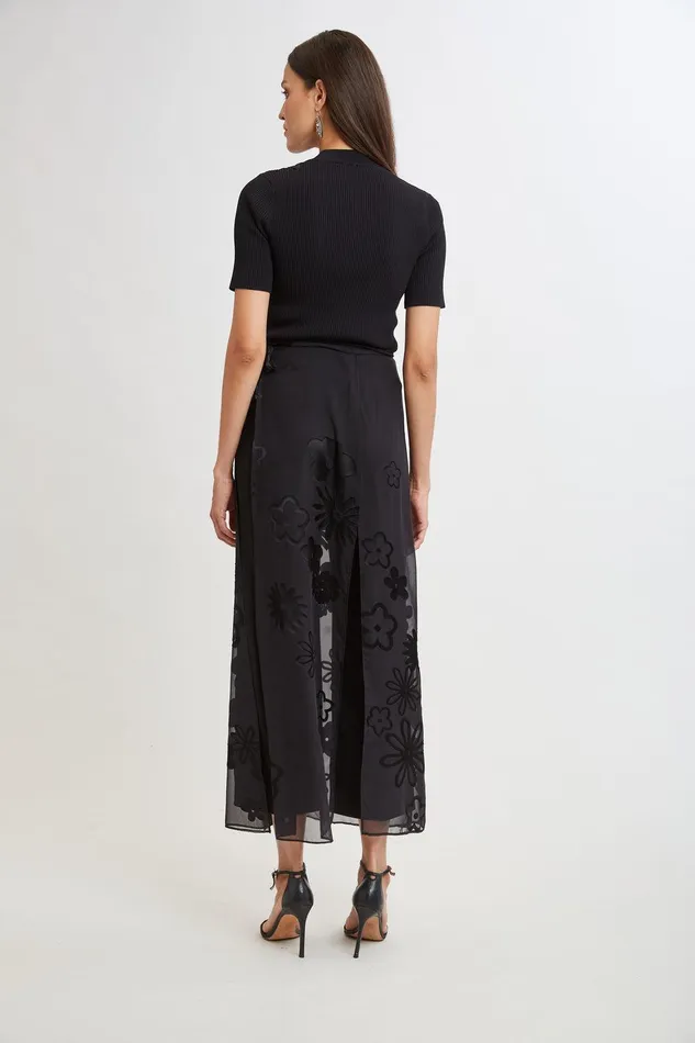 Elie Tahari Floral Satin Burnout Overlay Pant Black Women Bottoms