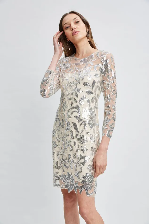 Elie Tahari Floral Sequin Long Sleeve Dress Silver Women Dresses and Jumpsuits