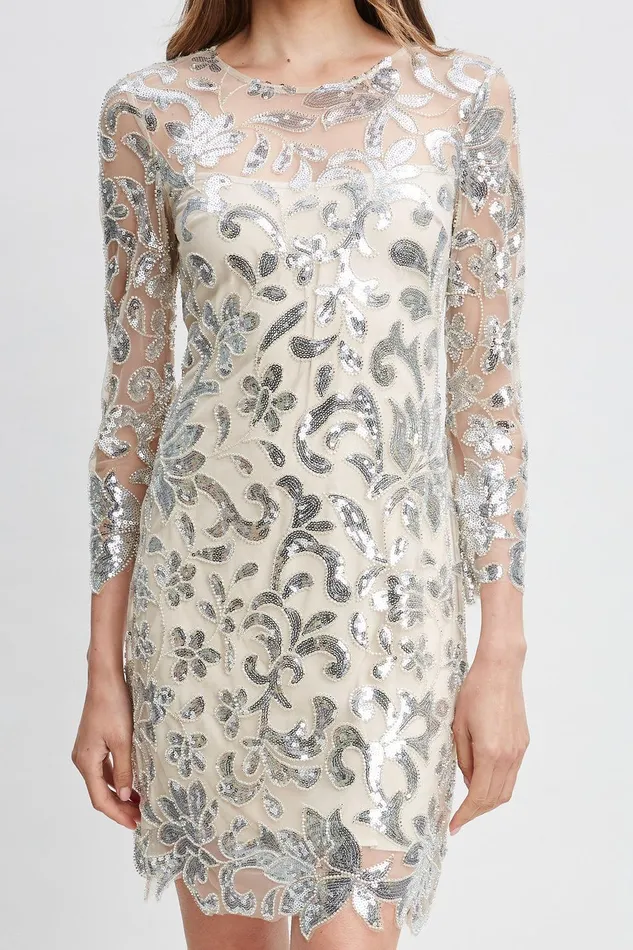 Elie Tahari Floral Sequin Long Sleeve Dress Silver Women Dresses and Jumpsuits
