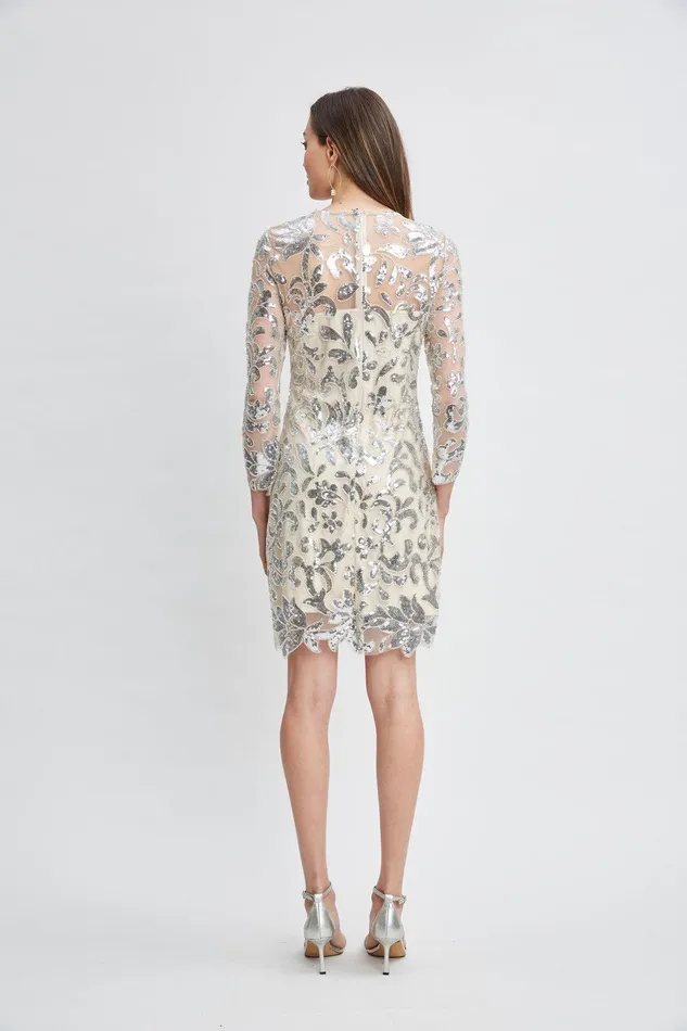 Elie Tahari Floral Sequin Long Sleeve Dress Silver Women Dresses and Jumpsuits