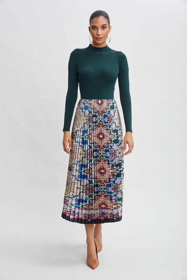 Elie Tahari Geometric Pleated Skirt Knit Dress Junipervalencia Print Women Dresses and Jumpsuits Elie Tahari Geometric Pleated Skirt Knit Dress Junipervalencia Print Women Dresses and Jumpsuits