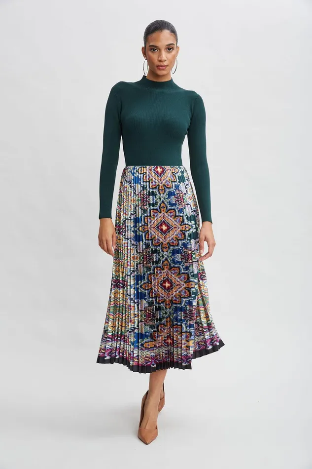 Elie Tahari Geometric Pleated Skirt Knit Dress Junipervalencia Print Women Dresses and Jumpsuits