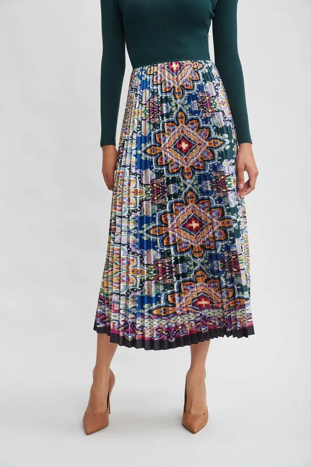 Elie Tahari Geometric Pleated Skirt Knit Dress Junipervalencia Print Women Dresses and Jumpsuits