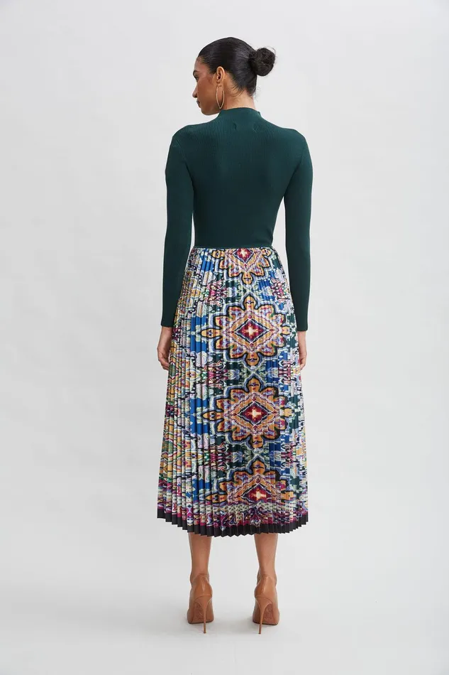 Elie Tahari Geometric Pleated Skirt Knit Dress Junipervalencia Print Women Dresses and Jumpsuits