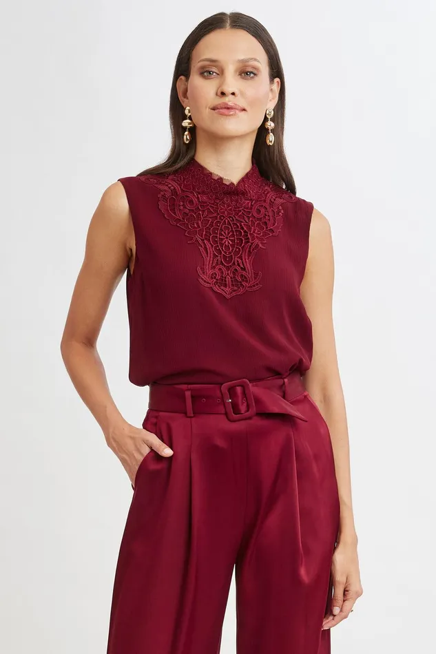 Elie Tahari Lace Insert Crinkle Silk Chiffon Shirt Sangria Women Tops