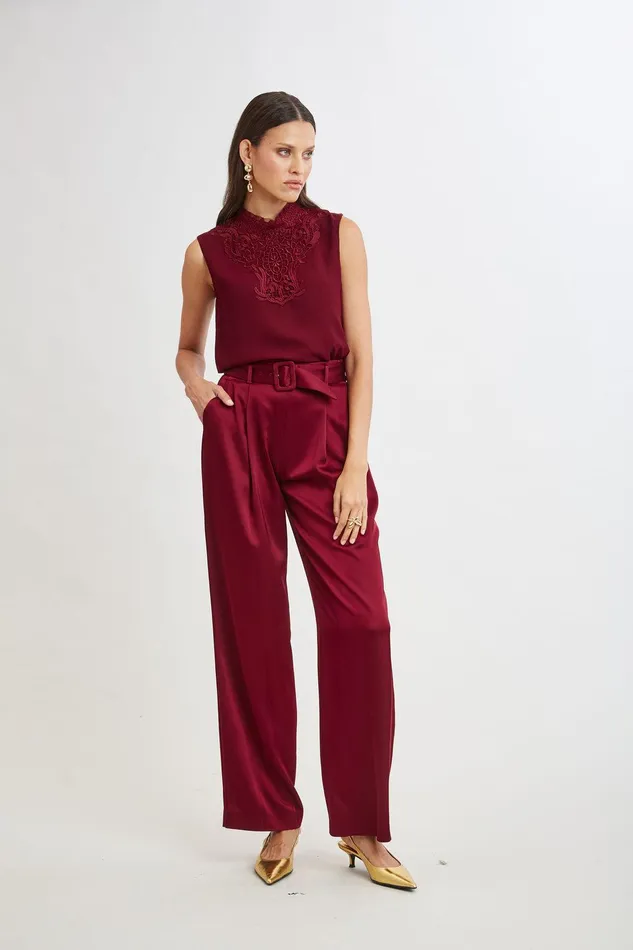 Elie Tahari Lace Insert Crinkle Silk Chiffon Shirt Sangria Women Tops