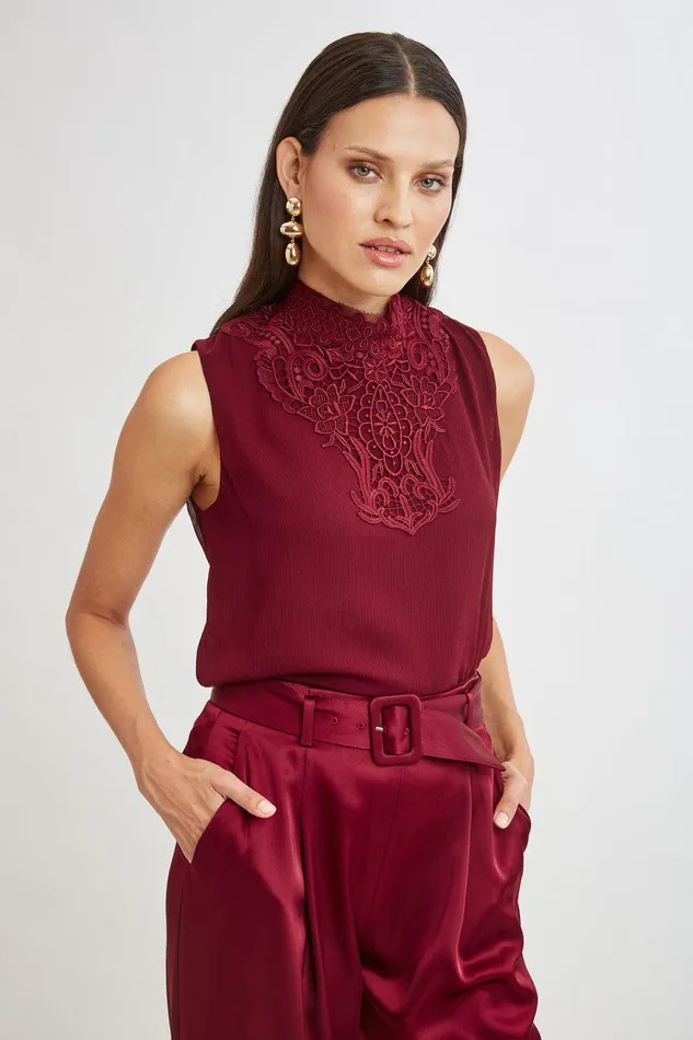 Elie Tahari Lace Insert Crinkle Silk Chiffon Shirt Sangria Women Tops