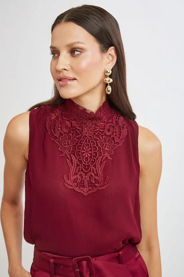 Elie Tahari Lace Insert Crinkle Silk Chiffon Shirt Sangria Women Tops