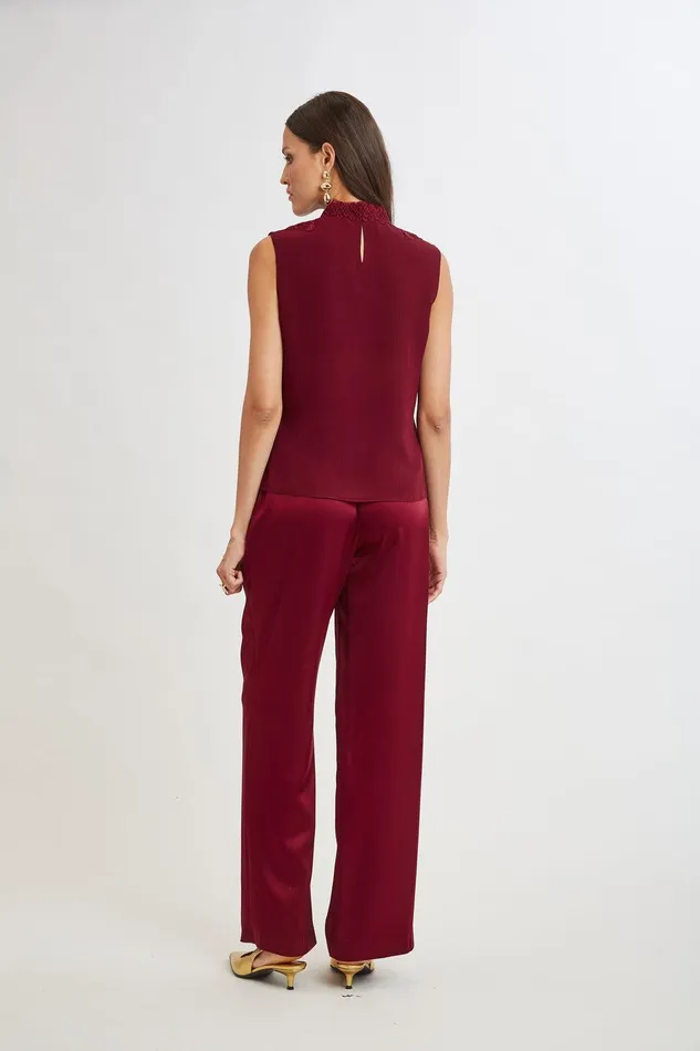 Elie Tahari Lace Insert Crinkle Silk Chiffon Shirt Sangria Women Tops