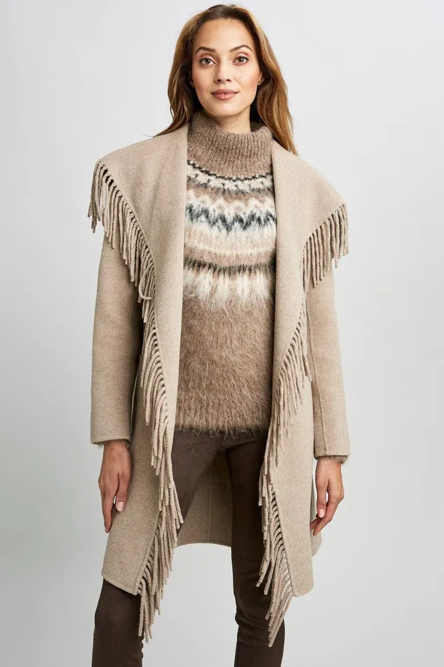 Elie Tahari Long Sleeve Fringe Detail Wrap Coat Oats Women Coats