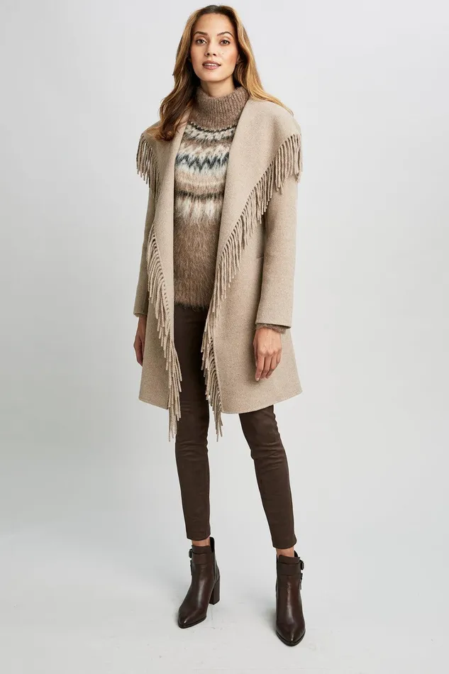 Elie Tahari Long Sleeve Fringe Detail Wrap Coat Oats Women Coats
