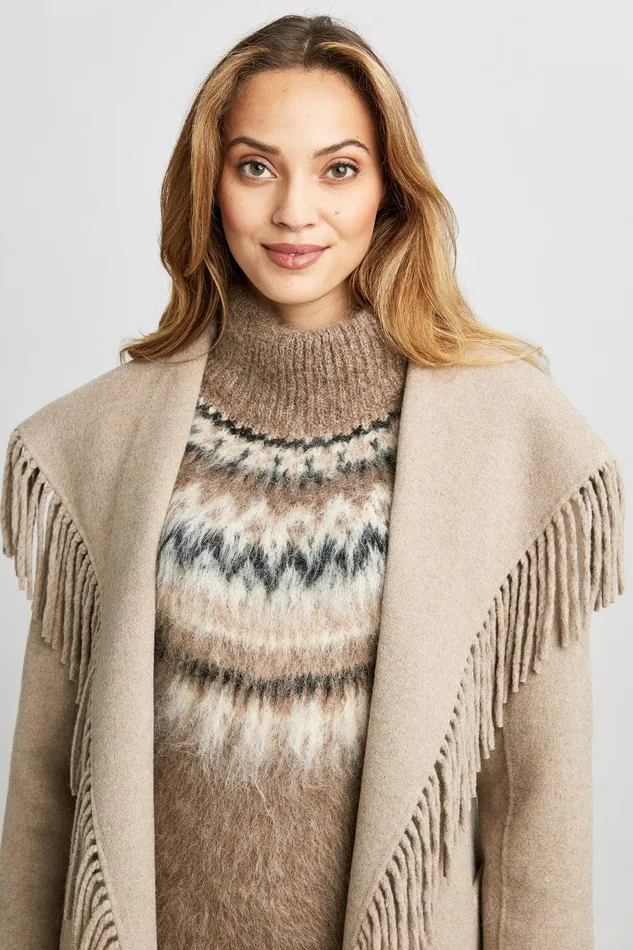 Elie Tahari Long Sleeve Fringe Detail Wrap Coat Oats Women Coats