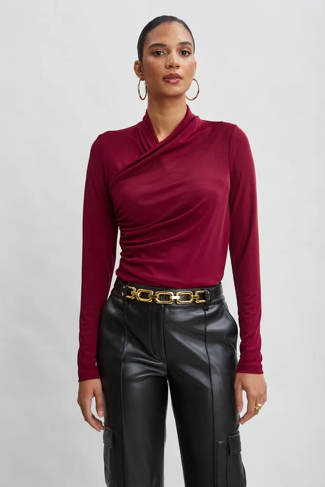 Elie Tahari Long Sleeve Ruched Draped Knit Sangria Women Tops