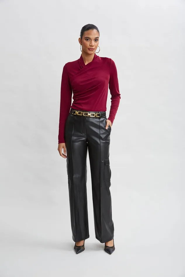 Elie Tahari Long Sleeve Ruched Draped Knit Sangria Women Tops