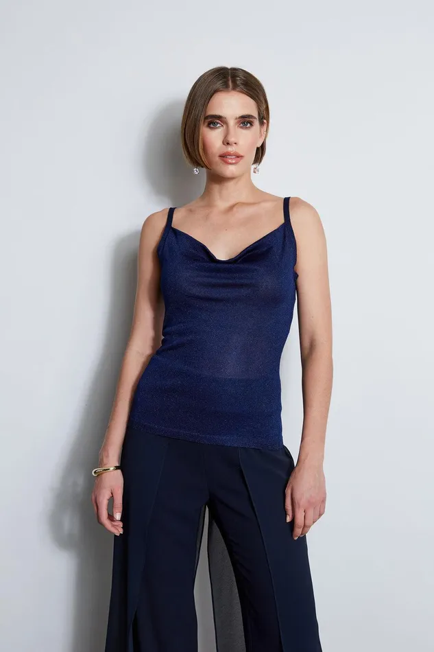 Elie Tahari Metallic Knit Cami Galaxy Navy Women Tops