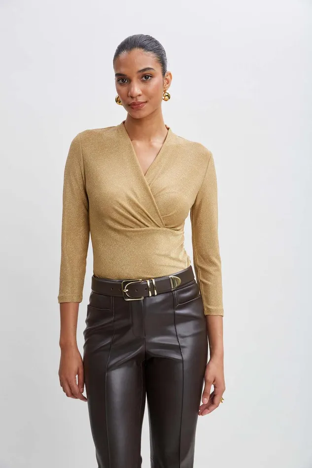 Elie Tahari Metallic Ruched Knit Gold Women Tops