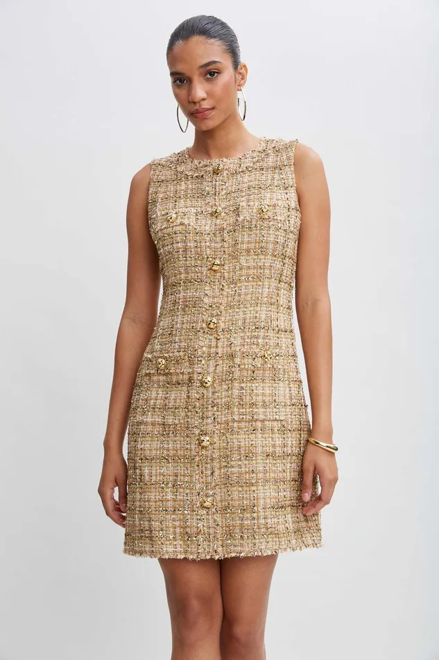 Elie Tahari Metallic Tweed Button Dress Gold Multi Women Dresses and Jumpsuits
