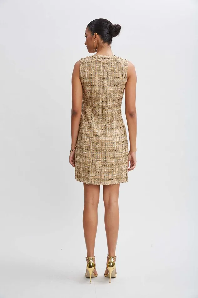 Elie Tahari Metallic Tweed Button Dress Gold Multi Women Dresses and Jumpsuits