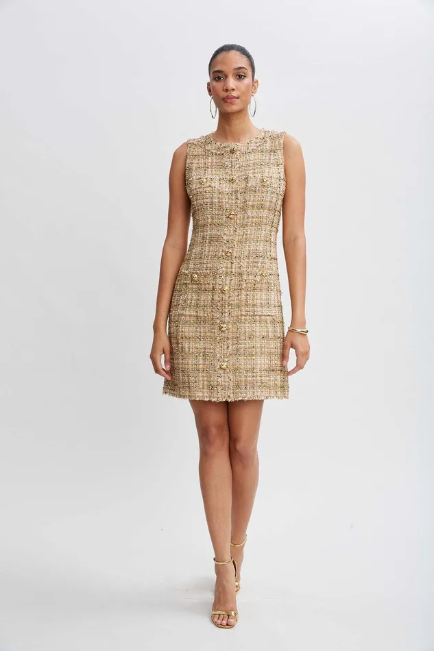 Elie Tahari Metallic Tweed Button Dress Gold Multi Women Suiting