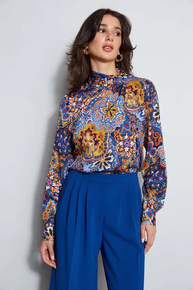 Elie Tahari Night Garden Silk Draped Shirt Night Garden Print Women Tops