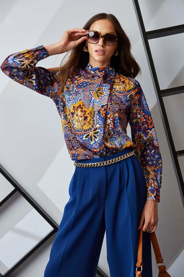 Elie Tahari Night Garden Silk Draped Shirt Night Garden Print Women Tops