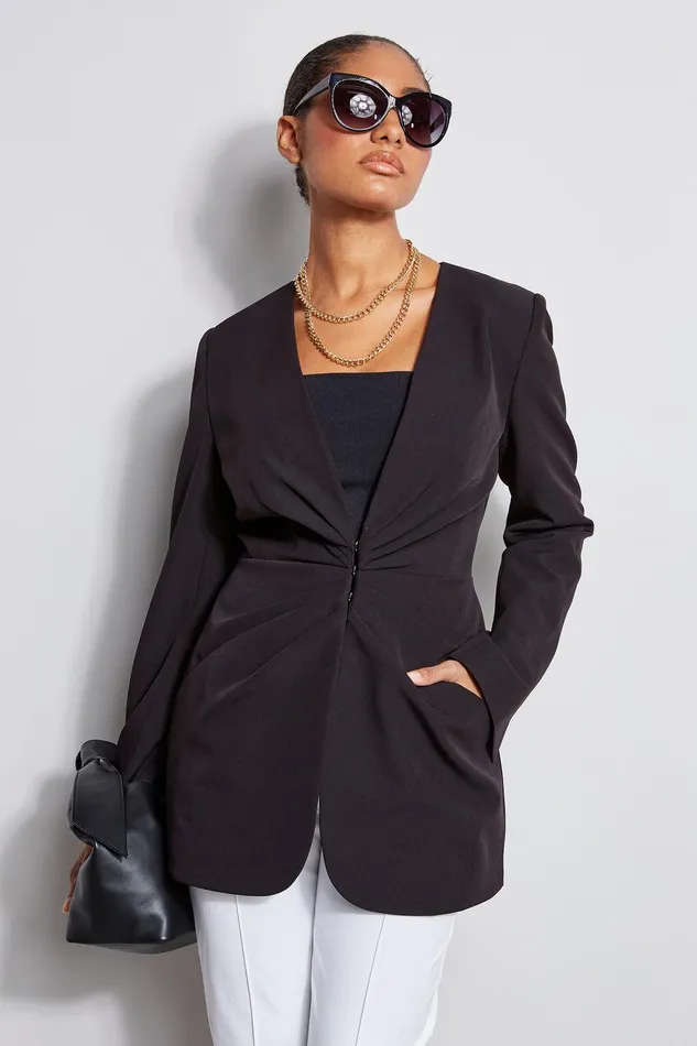 Elie Tahari Pleat Detail Blazer Noir Women Jackets and Blazers